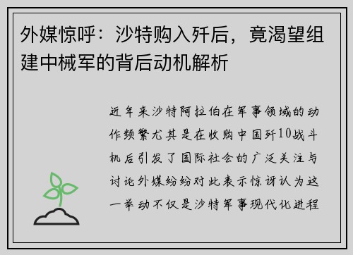 外媒惊呼：沙特购入歼后，竟渴望组建中械军的背后动机解析