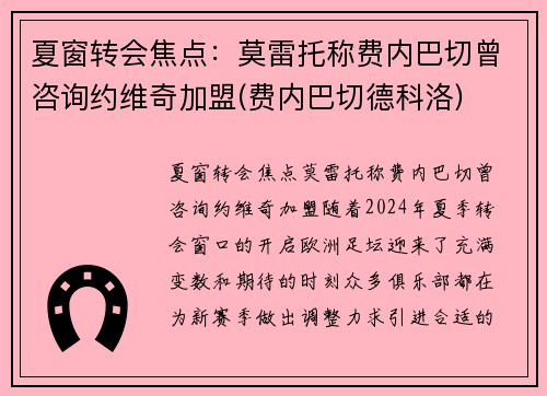夏窗转会焦点：莫雷托称费内巴切曾咨询约维奇加盟(费内巴切德科洛)