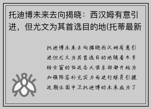 托迪博未来去向揭晓：西汉姆有意引进，但尤文为其首选目的地(托蒂最新消息)