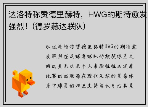 达洛特称赞德里赫特，HWG的期待愈发强烈！(德罗赫达联队)
