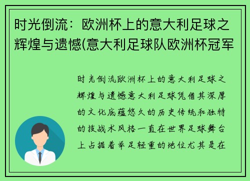 时光倒流：欧洲杯上的意大利足球之辉煌与遗憾(意大利足球队欧洲杯冠军)