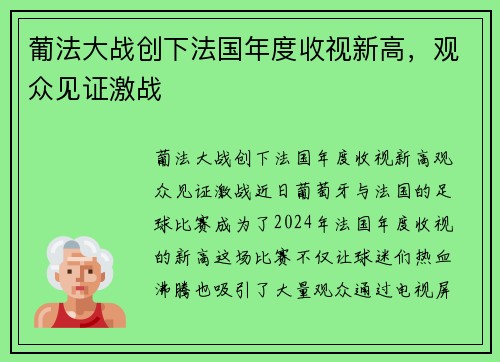 葡法大战创下法国年度收视新高，观众见证激战