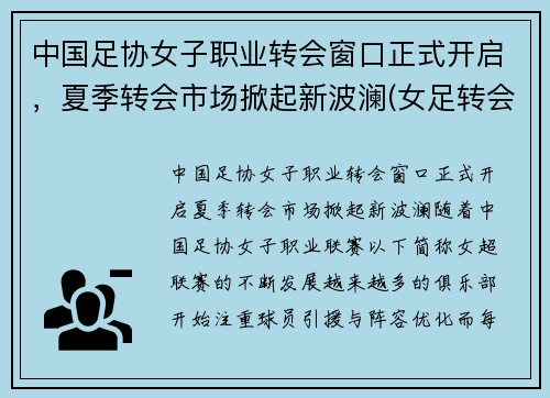 中国足协女子职业转会窗口正式开启，夏季转会市场掀起新波澜(女足转会费排名)