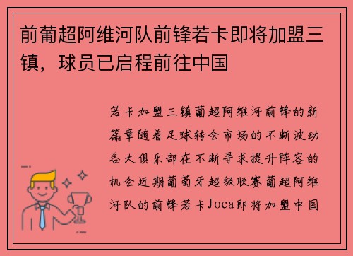 前葡超阿维河队前锋若卡即将加盟三镇，球员已启程前往中国